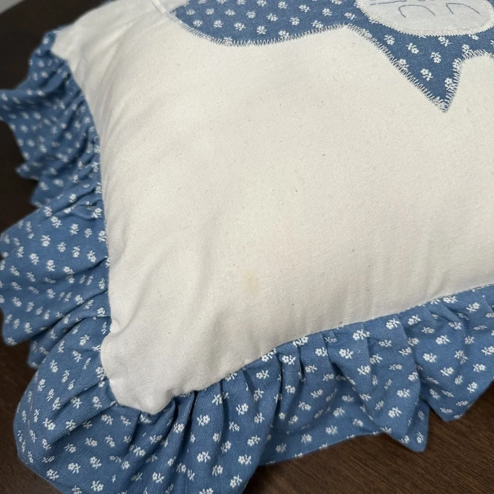 Vintage Quilt Cat Throw Pillow Blue Ruffle Grannycore Embroidered Handmade Kitty